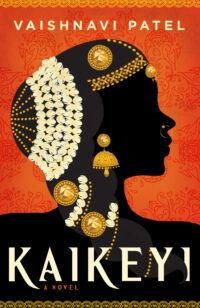 瓦什纳维·帕特尔(Vaishnavi Patel)的《Kaikeyi》封面，展示了一个女性侧面的剪影。黑色的剪影用珠宝和黄金装饰