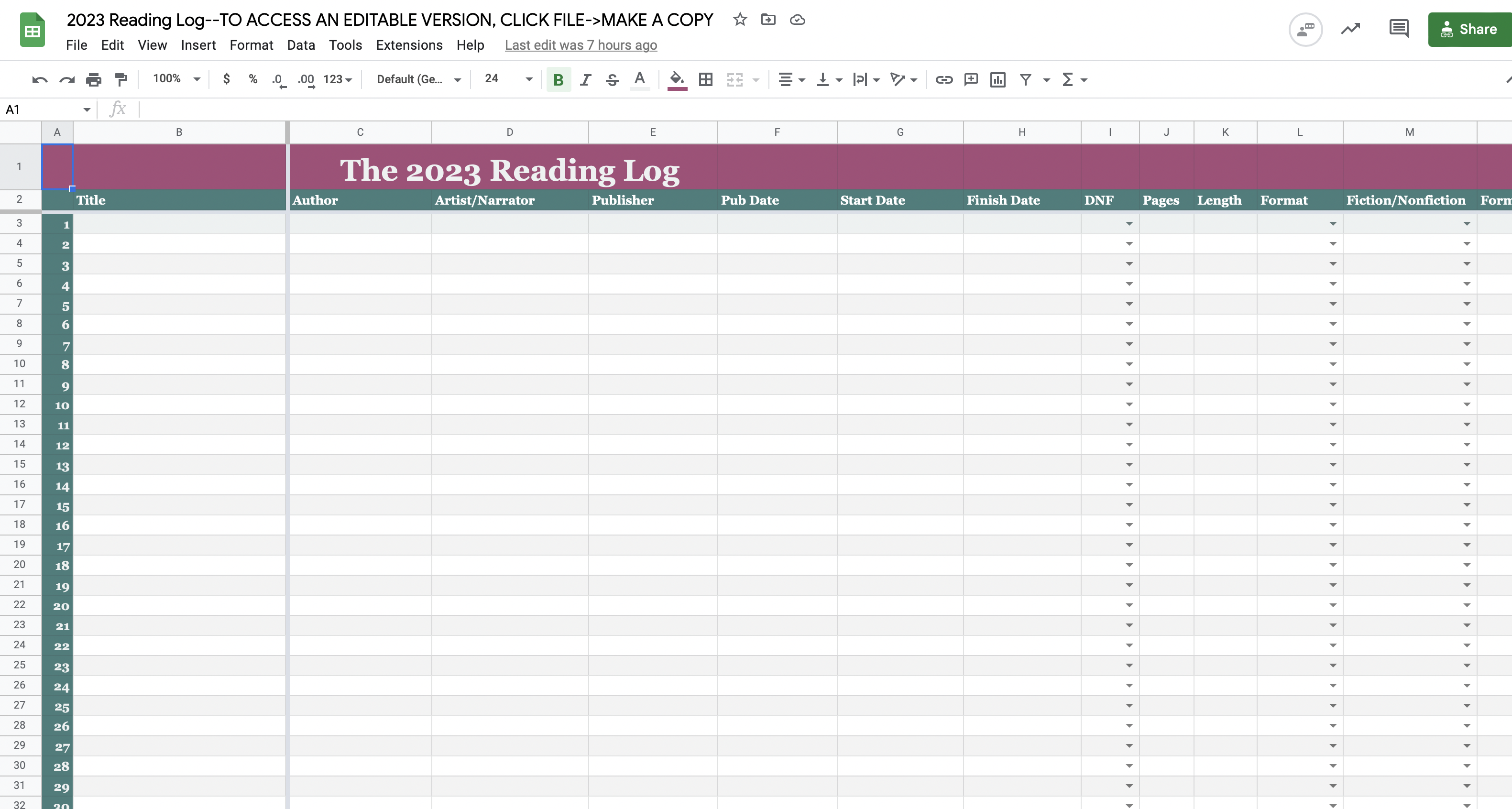 screenshot of the 2023 reading log in Google Sheets