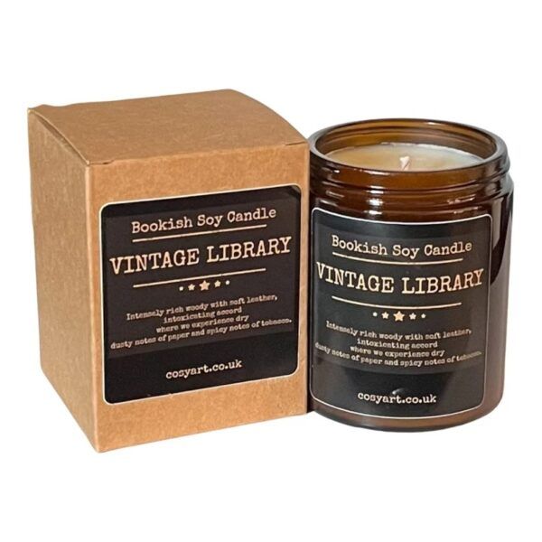 Vintage library soy candle and package