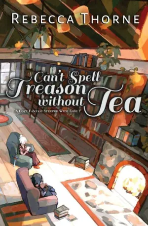 cover of Can't Spell Treason Without Tea (Tomes & Tea Book 1) by Rebecca Thorne; illustration of people sitting in a bookshop drinking tea