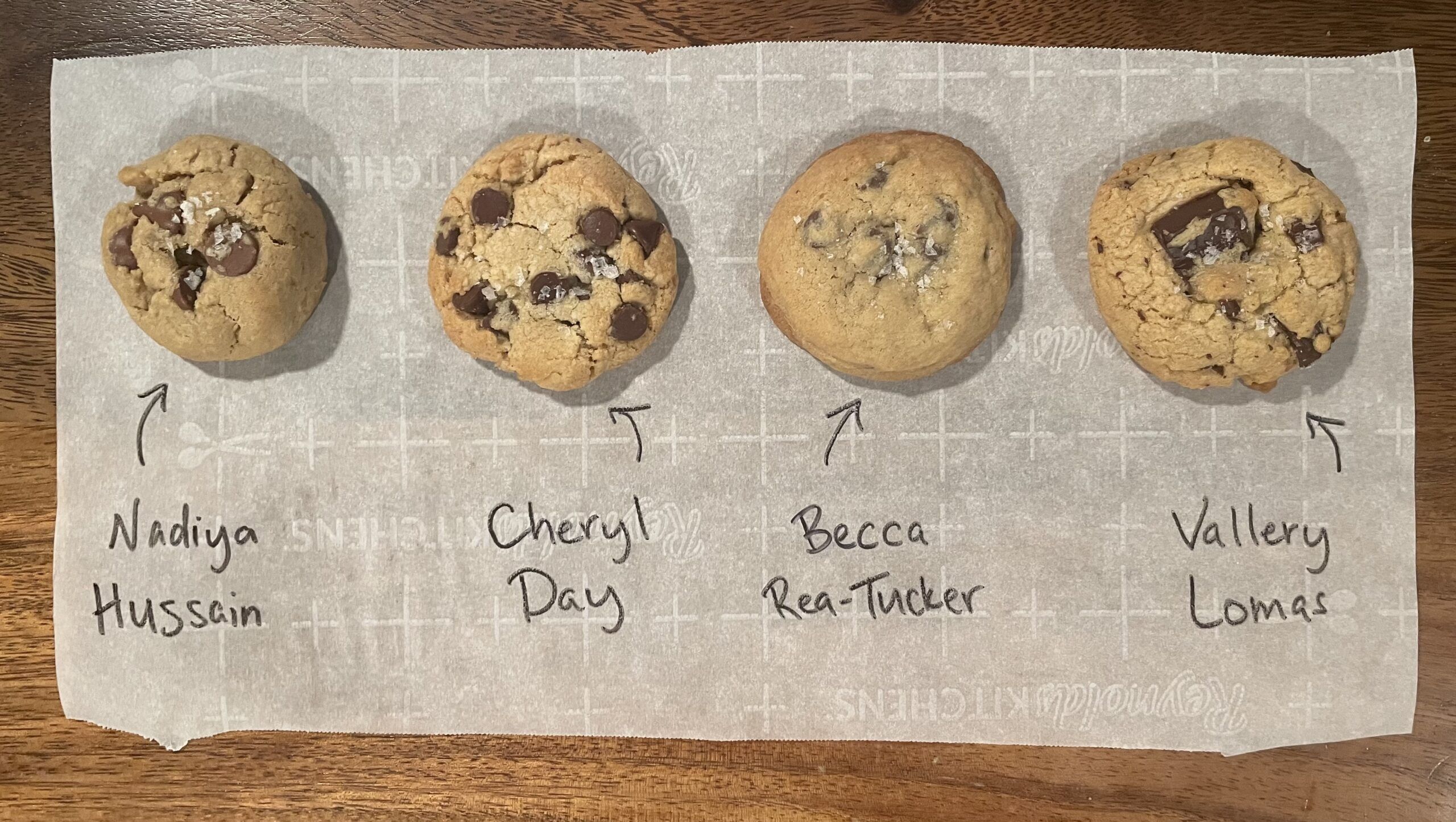 Four chocolate chip cookies are displayed on parchment paper. The first looks smaller with less chocolate, the second has a hearty sprinkle of salt, the third looks fluffier with less chocolate, and the fourth has big chocolate chunks.