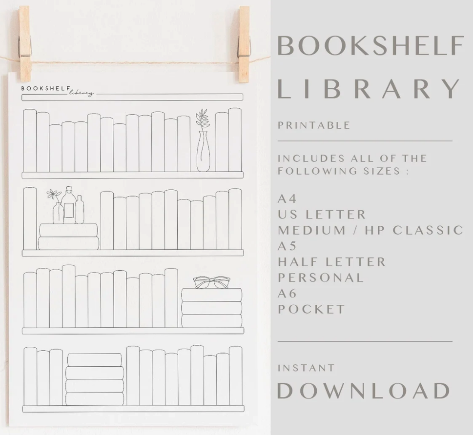 an example of a printable bookshelf reading tracker sheet next to the a list of sizes available 