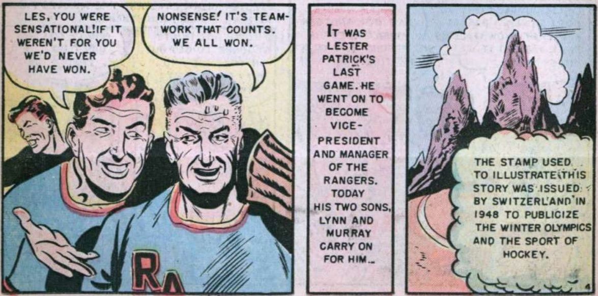 A comic in which Lester Patrick helps the Rangers win the Stanley Cup. The narrator then discusses the Swiss stamp they were supposed to be talking about in the first place.