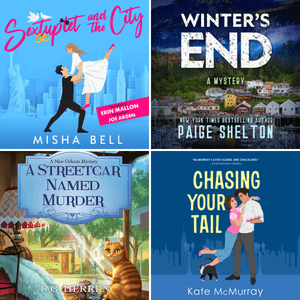 Audiobook covers for Sextuplet in the City by Misha Bell, Winter’s End by Paige Shelton, A Streetcar Name Murder by TG Herron, and Chasing Your Tail by Kate McMurray