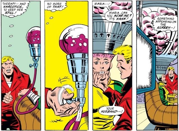 four panels showing Hank Pym trying to get his long-missing wife, whose brain is attached to a machine, to respond to him