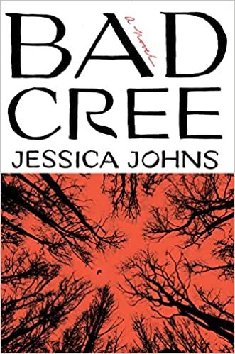 cover of Bad Cree: A Novel by Jessica Johns; red tinted photo of birch trees against the sky