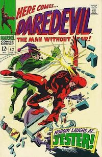 The cover of Daredevil #42, showing Daredevil losing a fight to the Jester, a man in a green and purple jester costume. The bottom of the cover says "Nobody laughs at...Jester!"