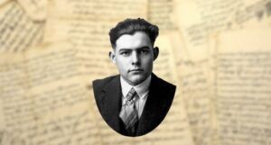 a black and white portrait of a young Ernest Hemingway against a blurred background of scattered manuscript pages
