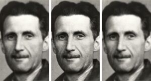 a collage of three identical black and white images of George Orwell