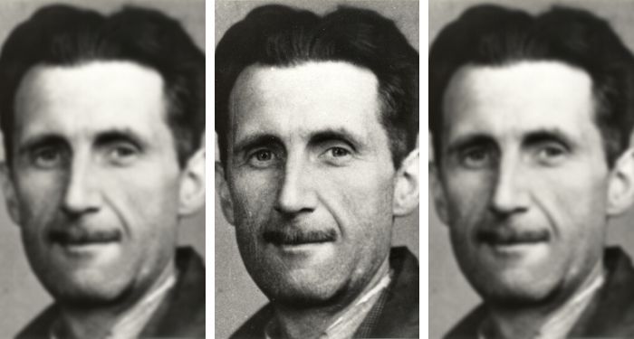 a collage of three identical black and white images of George Orwell