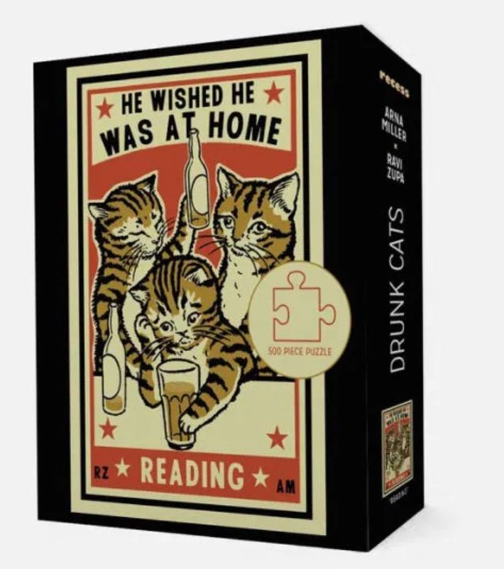 Image of a puzzle looking like a vintage ad. It features three cats, one of whom looks sad to be at a bar. It reads "he wished he was at home reading."