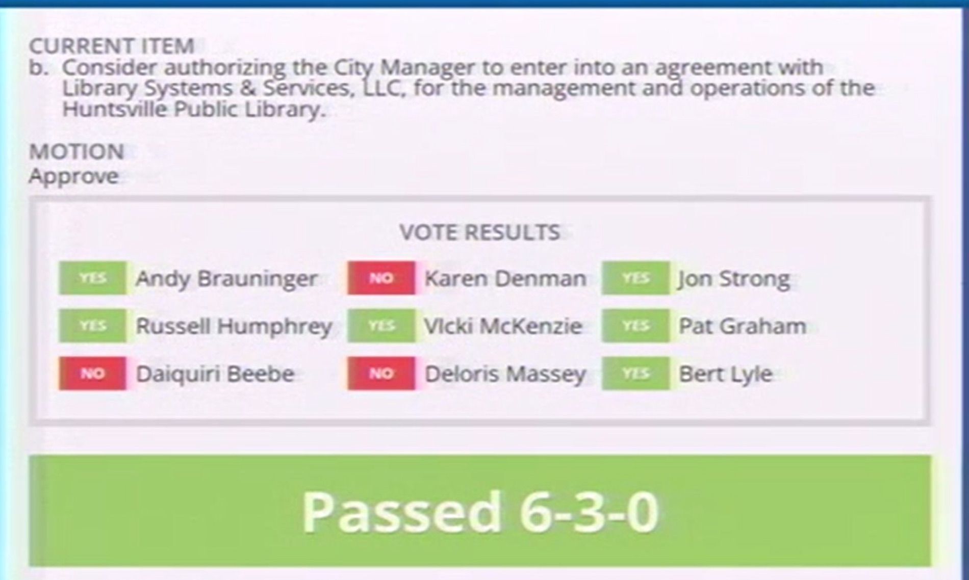 Huntsville City Council vote on library privatization. 