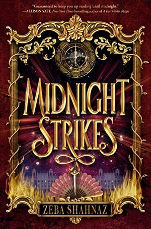 cover of Midnight Strikes by Zeba Shahnaz; illustration of a gold pendulum inside a clock