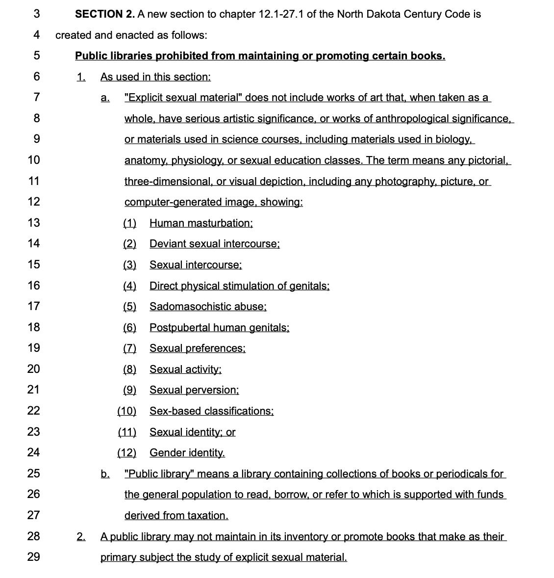 Text of the north dakota house bill 1205, outlining hat is not allowed in public libraries. 