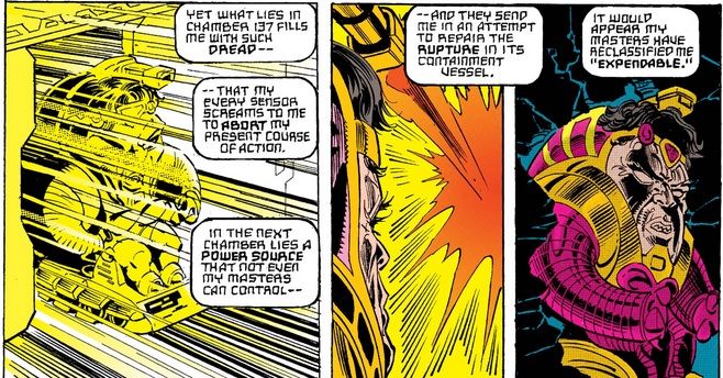 three panels of a MODAM comics: M.O.D.A.M. goes to repair the vessel containing the volatile Cosmic Cube, despite her fears.