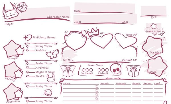 Cute, stylized D&D character sheet