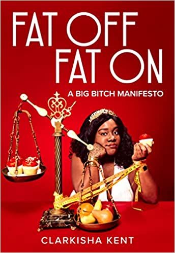 the cover of Fat Off, Fat On, showing the author sitting in front of a scale, with cupcakes on one side and veggies on the other. She is wearing a crown and holding a cupcake, frowning