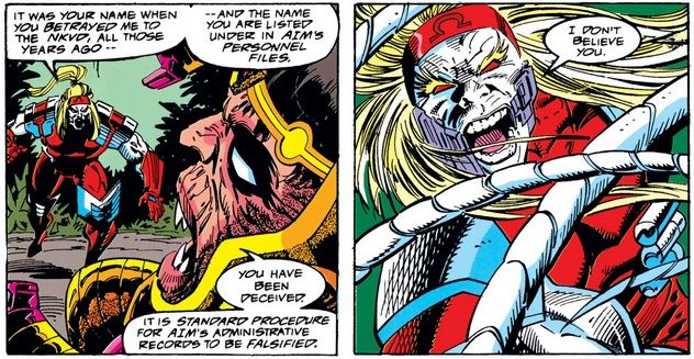 Two panels show Omega Red accusing M.O.D.A.M. of betraying him and attacking her despite her claiming she's not who he thinks.