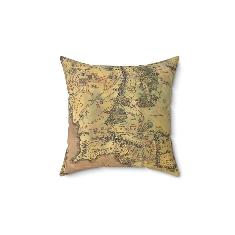Photo of a pillow with a LOTR map printed on it