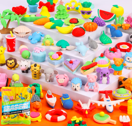 A wide variety of cute tiny erasers shaped like animals and foods