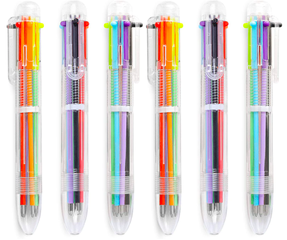 Image of six ballpoint pens with different colored inserts to change writing color