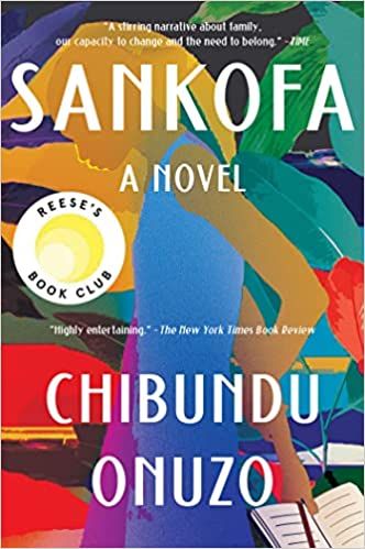 the cover of Sankofa; a colorful illustration of a Black woman holding a book behind her back