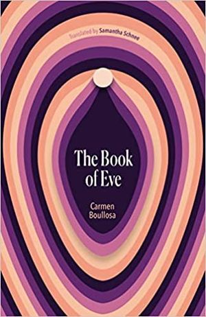 the cover of The Book of Eve, showing a yonic pattern of colorful radiating ovals, with a small circle at the top