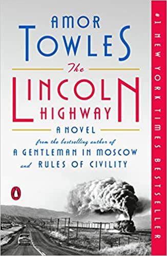 the cover of The Lincoln Highway, showing a black and white photo of a train by a highway