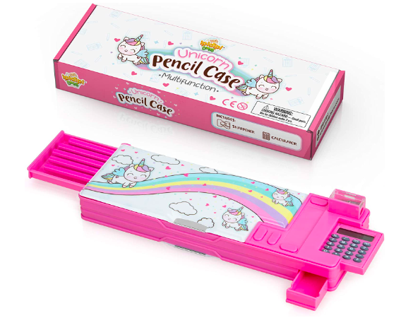 Image of a retro hot pink pencil case with a unicorn and rainbow on top, plus pop up calculator and pencil sharpener built in