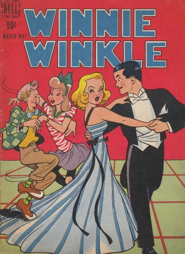 Winnie Winkle #1 cover, showing Winnie in a blue floor-length gown dancing with her husband in a tuxedo while another couple in more casual dress dances besides them 