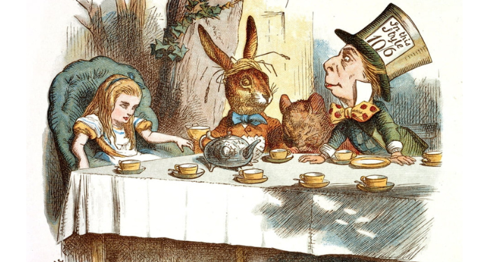 an illustration of Alice at the tea party, from the audiobook presented by Geoffrey Giuliano