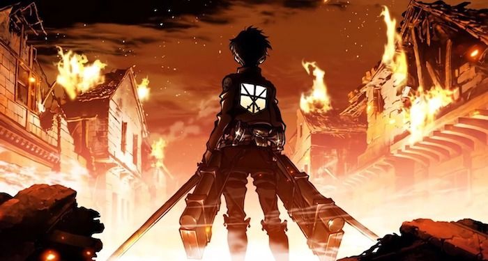a portion of the Attack on Titan anime promotional image showing a figure holding two swords facing a burning village