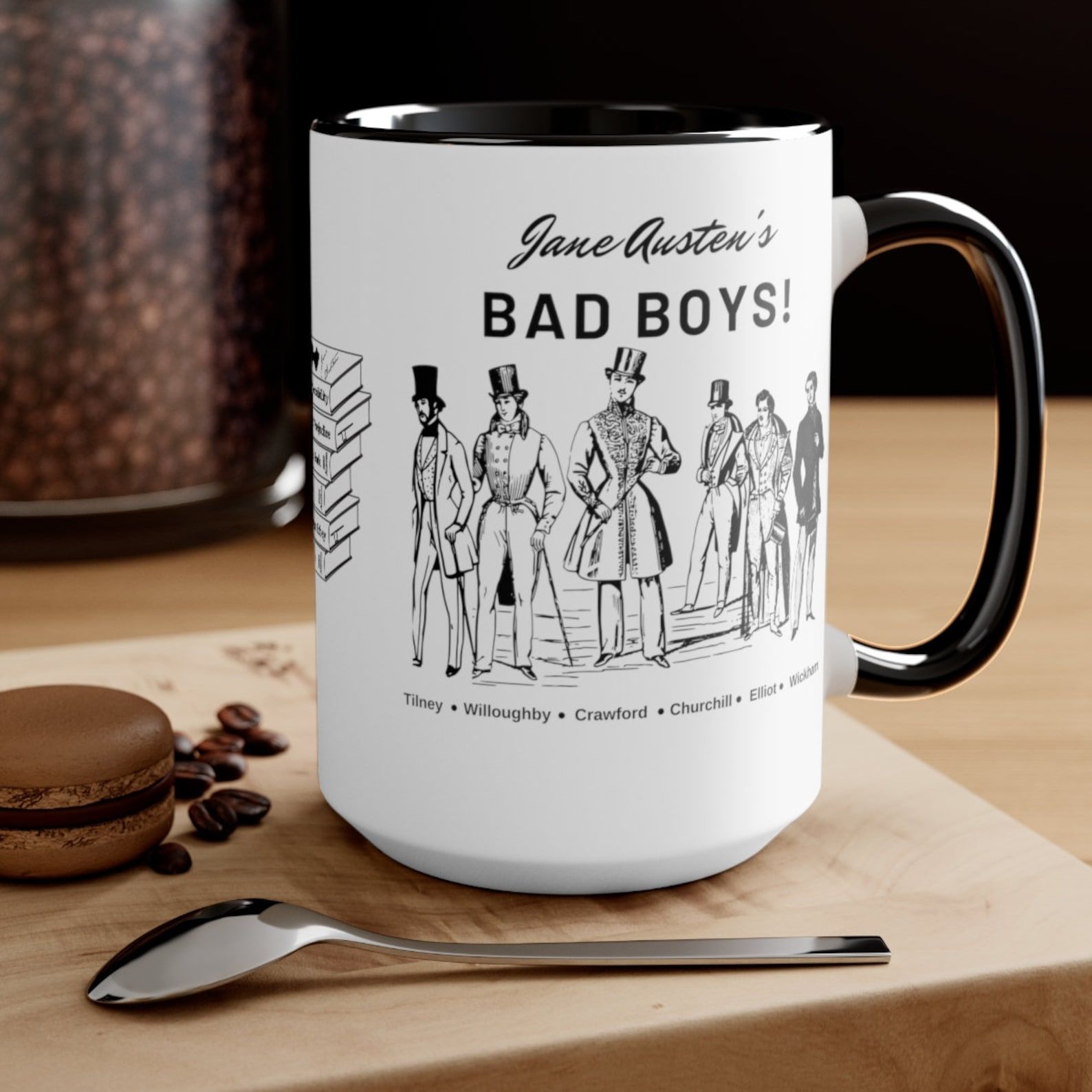 a black and white mug with an illustration of all the "bad boys" of Austen's novels