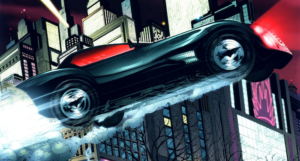 a comics panel showing the Batmobile flying through the air