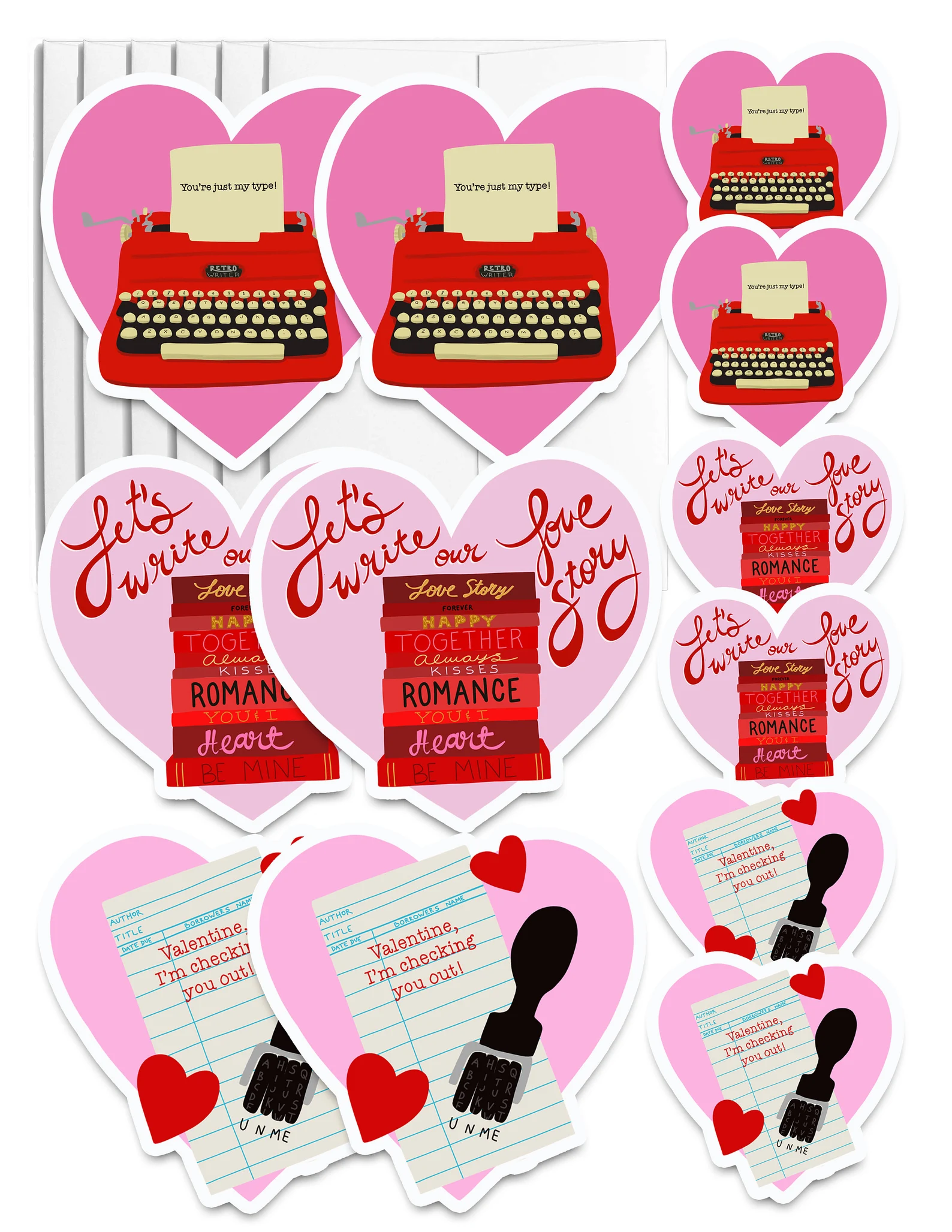 A set of six heart-shaped valentines with a typewriter, stack of books, and library card, along with stickers and envelopes.