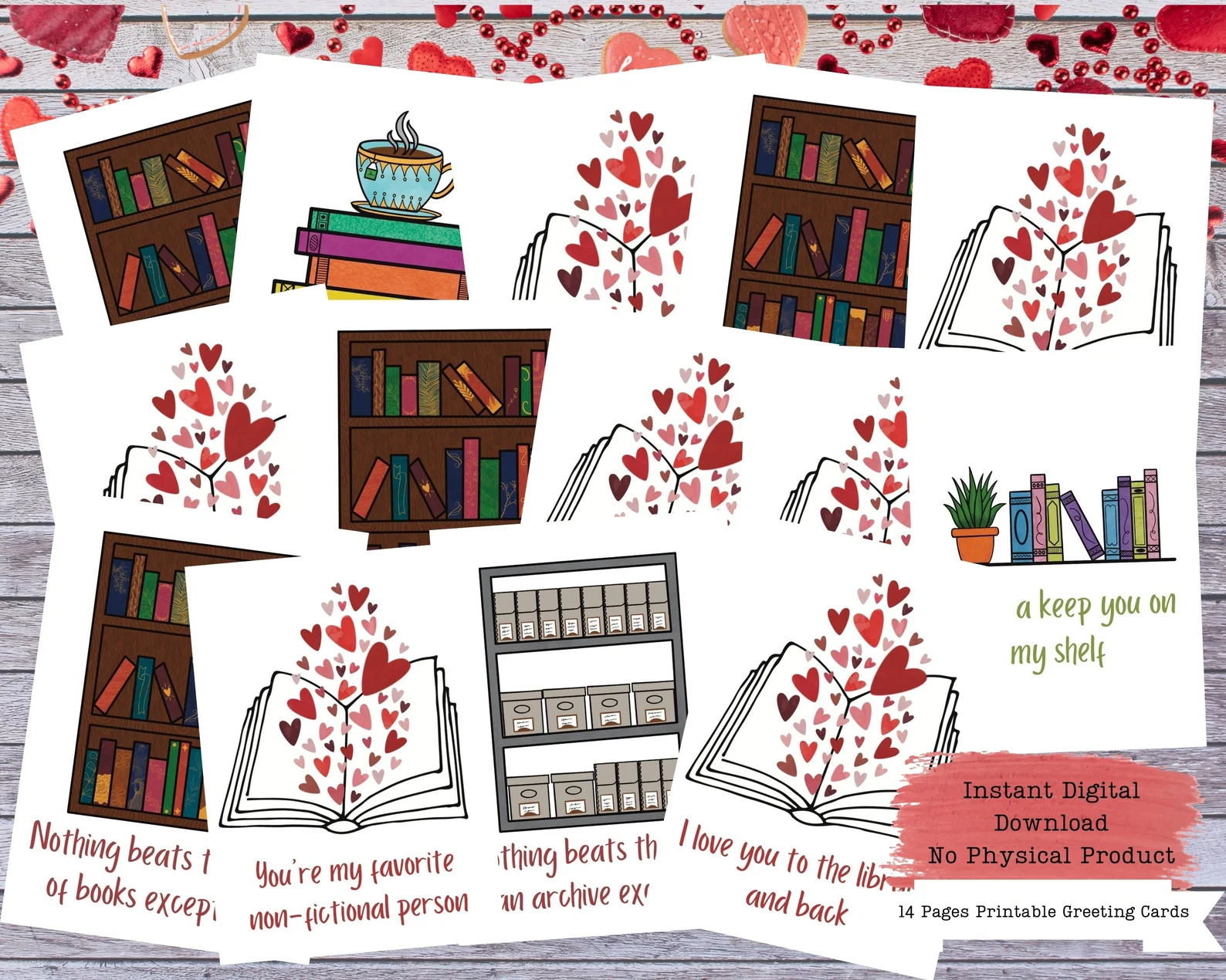 Six different illustrate valentines with a bookish illustration and book pun