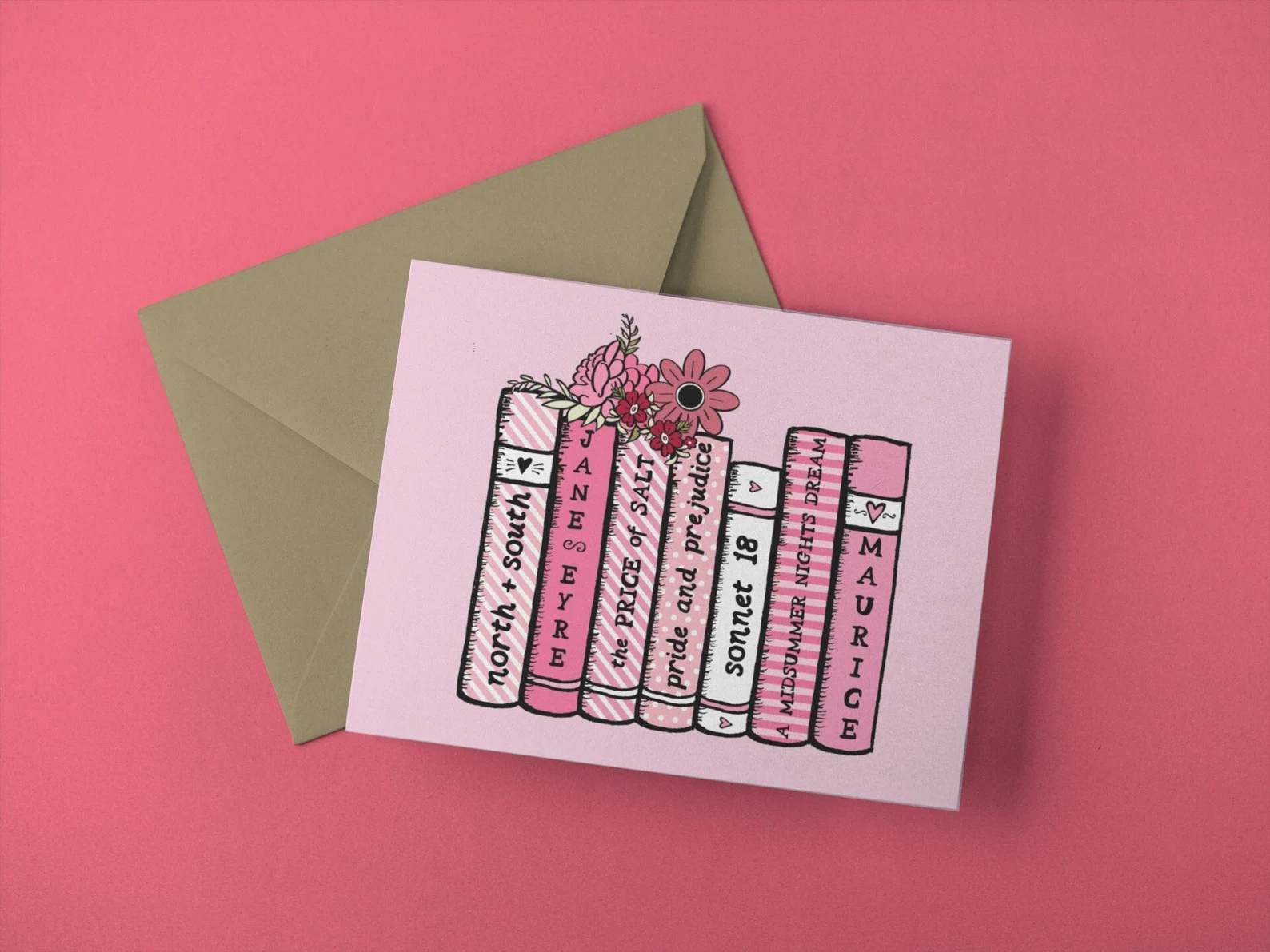 A pink card displaying the spines of seven classic romances in pink, with pink flowers.