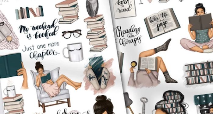an assortment of digital bookish stickers, including ones of book stacks, hands holding an open book, bookish quotes in calligraphy, and more