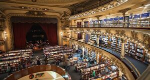 wide shot of shelves in El Ateneo Grand Splendid bookstore in Argentina