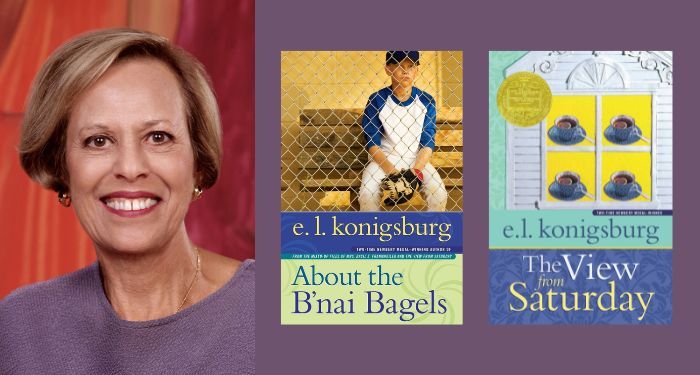 headshot of el konigsburg with two of her book covers