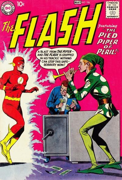 The cover of The Flash #106. Next to the book's logo is the text "Featuring 'The Pied Piper of Peril!'" The Flash is frozen mid-run inside glowing energy emanating from a very simplified horn played by the Pied Piper, a skinny redhead in a dark green floppy hat (like a nightcap), a dark green tunic with white polka dots, light green tights, and dark green elf shoes. Behind them, a man in civilian clothes is robbing a safe and saying "A blast from the Piper - and the Flash is stopped in his tracks! Nothing can stop this safe-robbery now!"