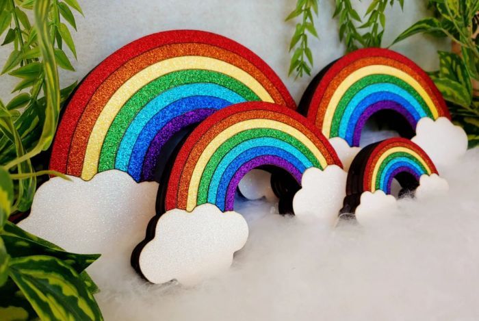 a photo of glittery rainbow shelf sitters