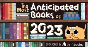Book Riot's Most Anticipated Books of 2023 - graphic of a small yellow cat sitting in a shelf full of books