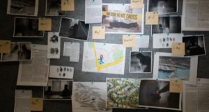 a photo of a murder investigation board with pictures, handwritten notes, a map, and string connected things