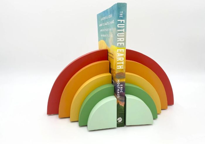 a photo of wooden rainbow bookends
