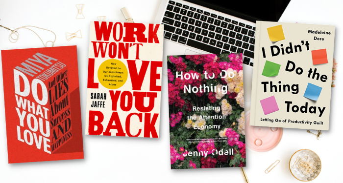 a graphic of four of the covers listed against a background of an aesthetic desk set up