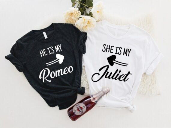 black and white tshirts with "he is my romeo" and "she is my juliet" with arrows