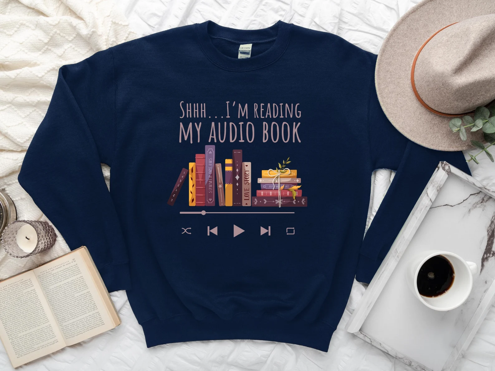 picture of "shh I'm reading my audio book" sweatshirt