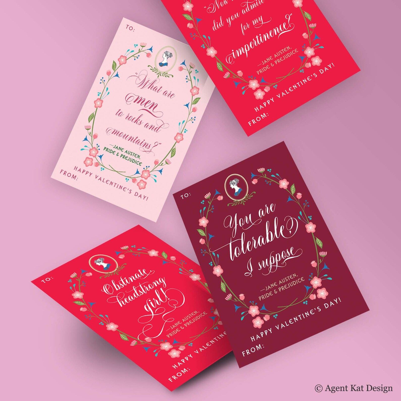 a set if four pink cards with florals and witty lines from Austen's works