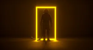 a photo of a person wearing a spacesuit in a dark area standing in a doorway light up bright yellow